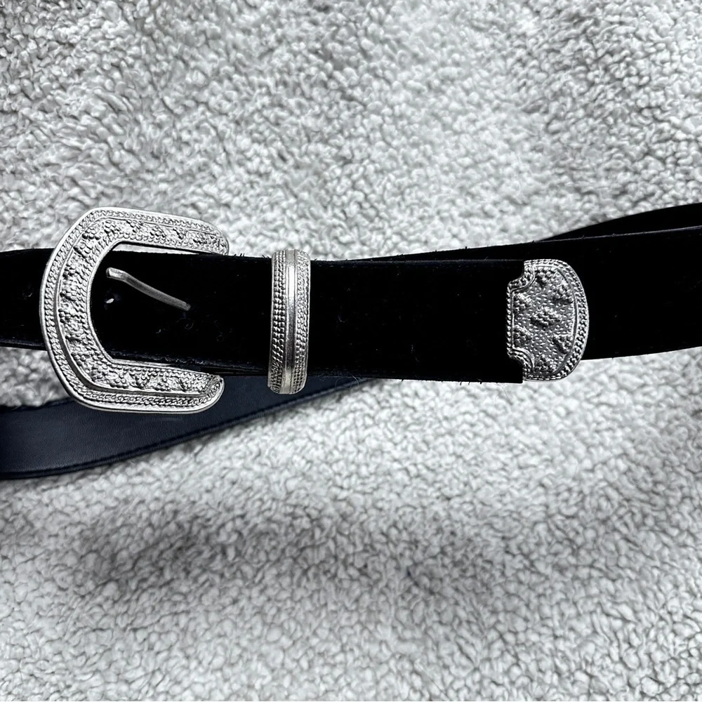 Black Velvet Light Weight Belt Vegan Western Silver Tone Ornate Buckle and Tip.